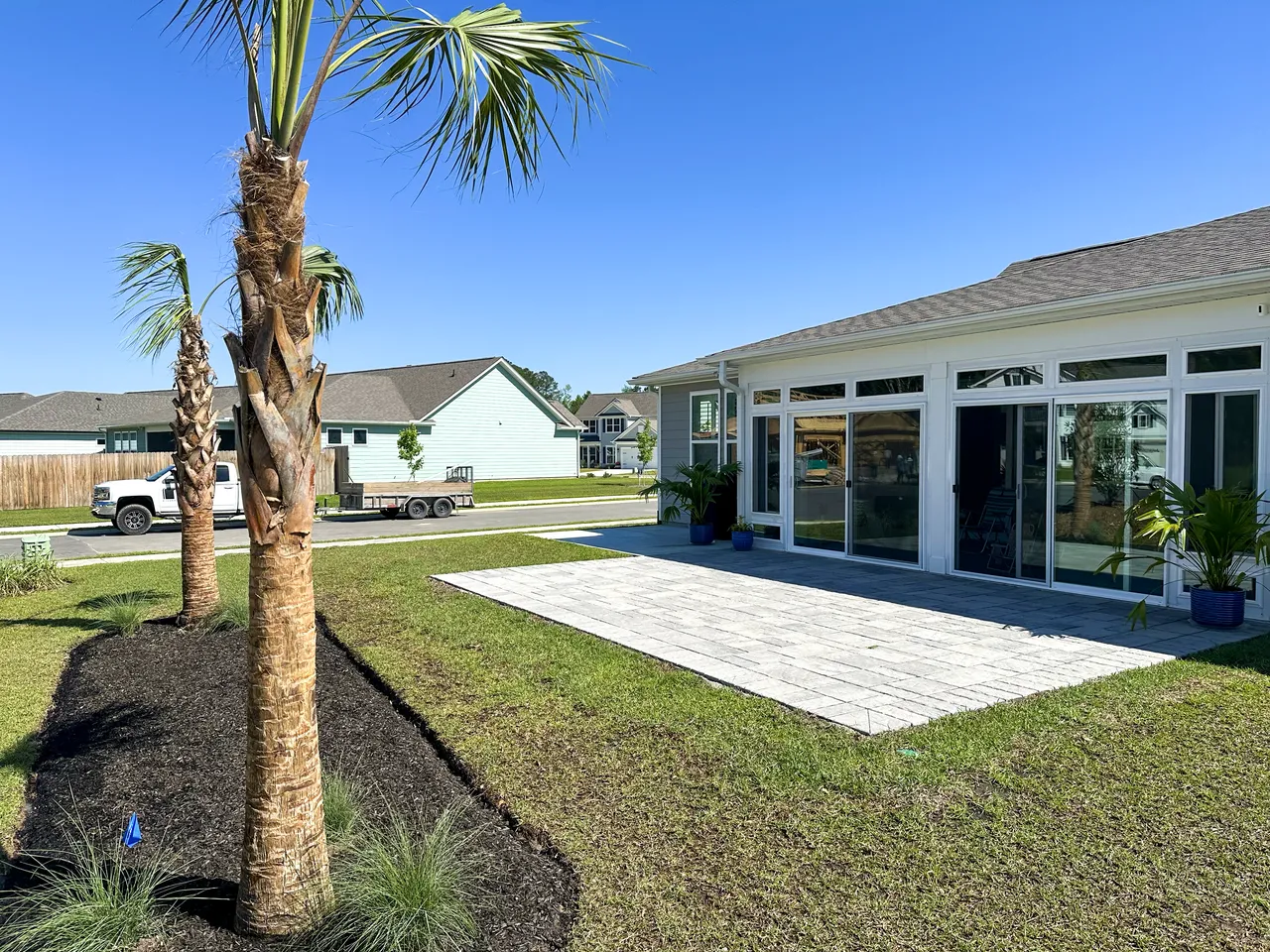 Backyard paver patio and fresh sod under a Myrtle Beach palm.